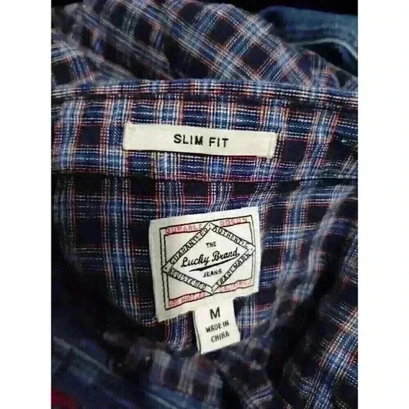 Lucky Brand Blue Gold Plaid Cotton Linen Short Sleeve Button Up Shirt Mens Med - Picture 3 of 5